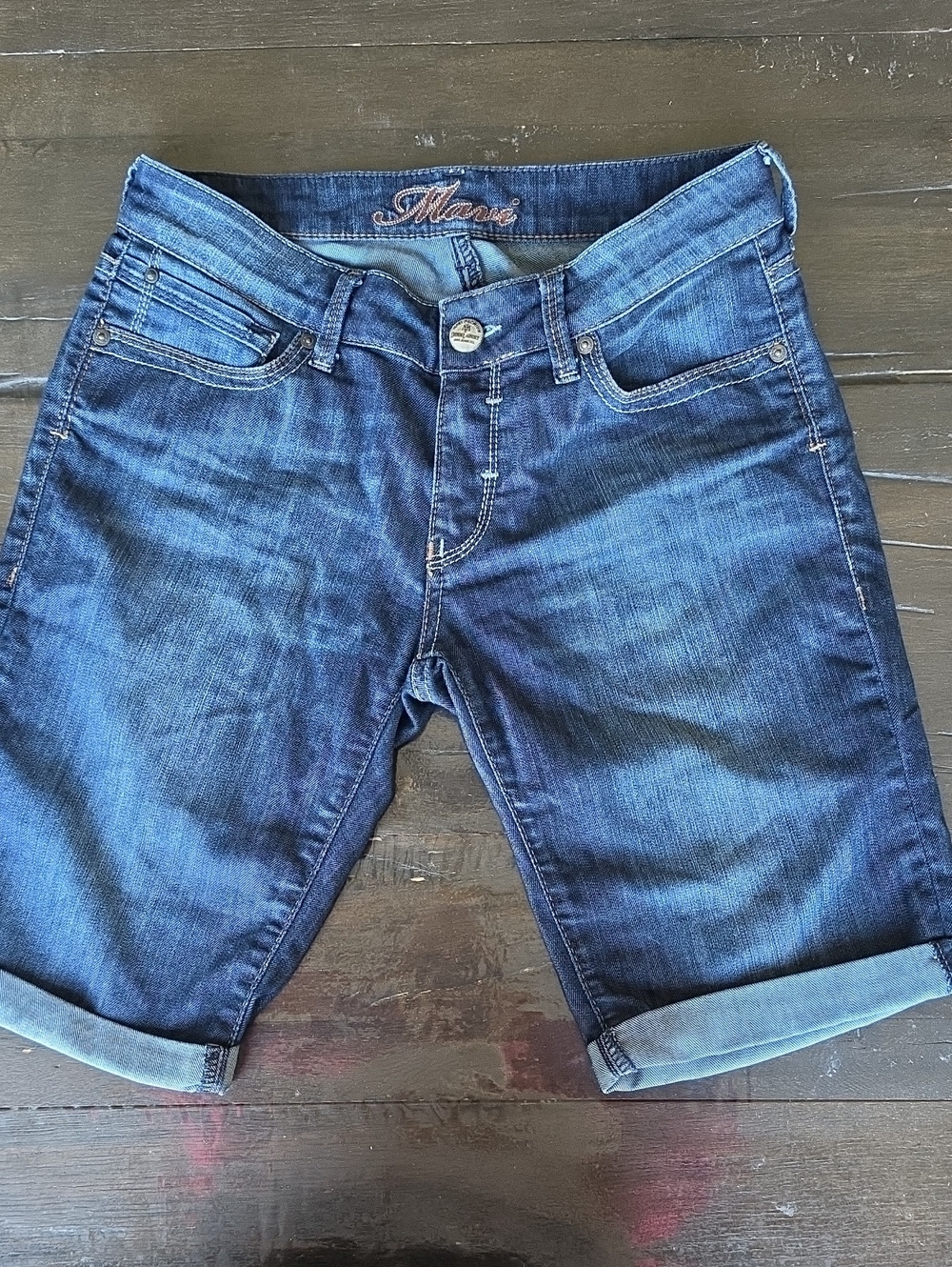 (28) Mavi Dark Blue Denim Roll-Cuff Bermuda Jean Shorts Y2K Vacation Summer